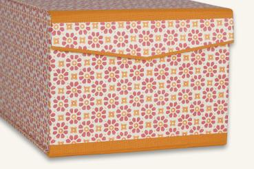 Bilderbox gelb,orange,Blumenmuster stilisiert,geometrisch,Klappdeckel, Magneterschluß überlappend,schmale Leinenkanten in orange